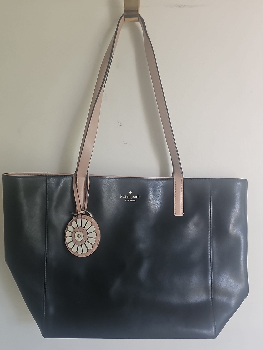 Kate Spade Rosa Daisy Black Tote with Blush Straps and Floral Charm